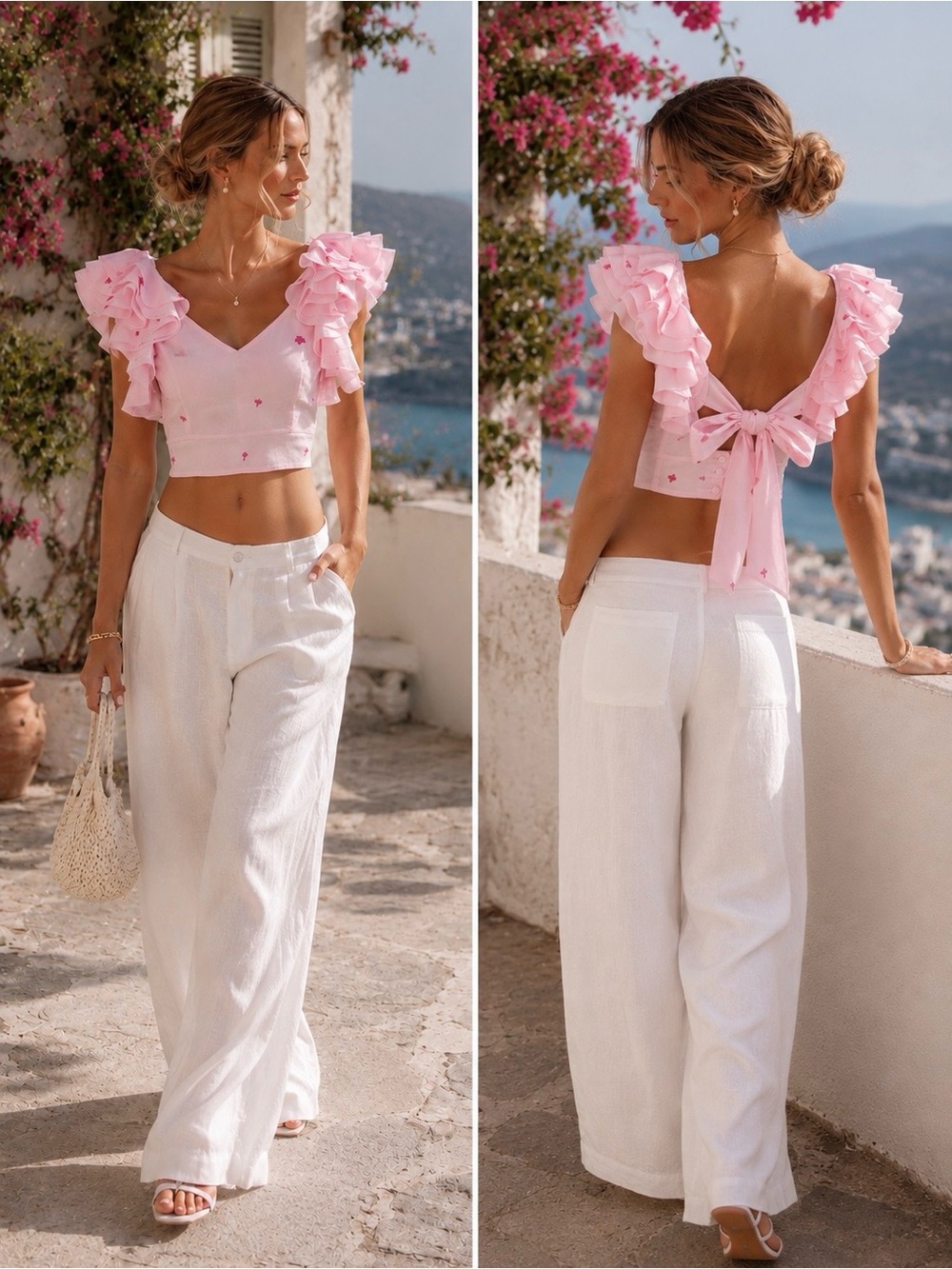 NWT FANM MON Anais Linen Ruffle Embroidered Crop Top in Light pink Size S - Picture 5 of 16
